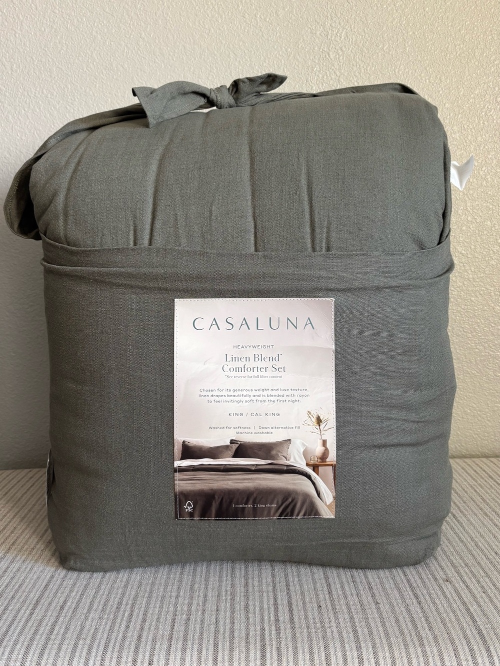 NWT King / California King Heavyweight Linen Blend Comforter and Sham Set Olive